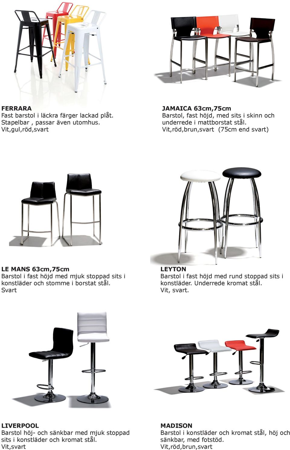 63cm,75cm Barstol i fast höjd med mjuk stoppad sits i konstläder och stomme i borstat Svart LEYTON Barstol i fast höjd med rund stoppad sits i