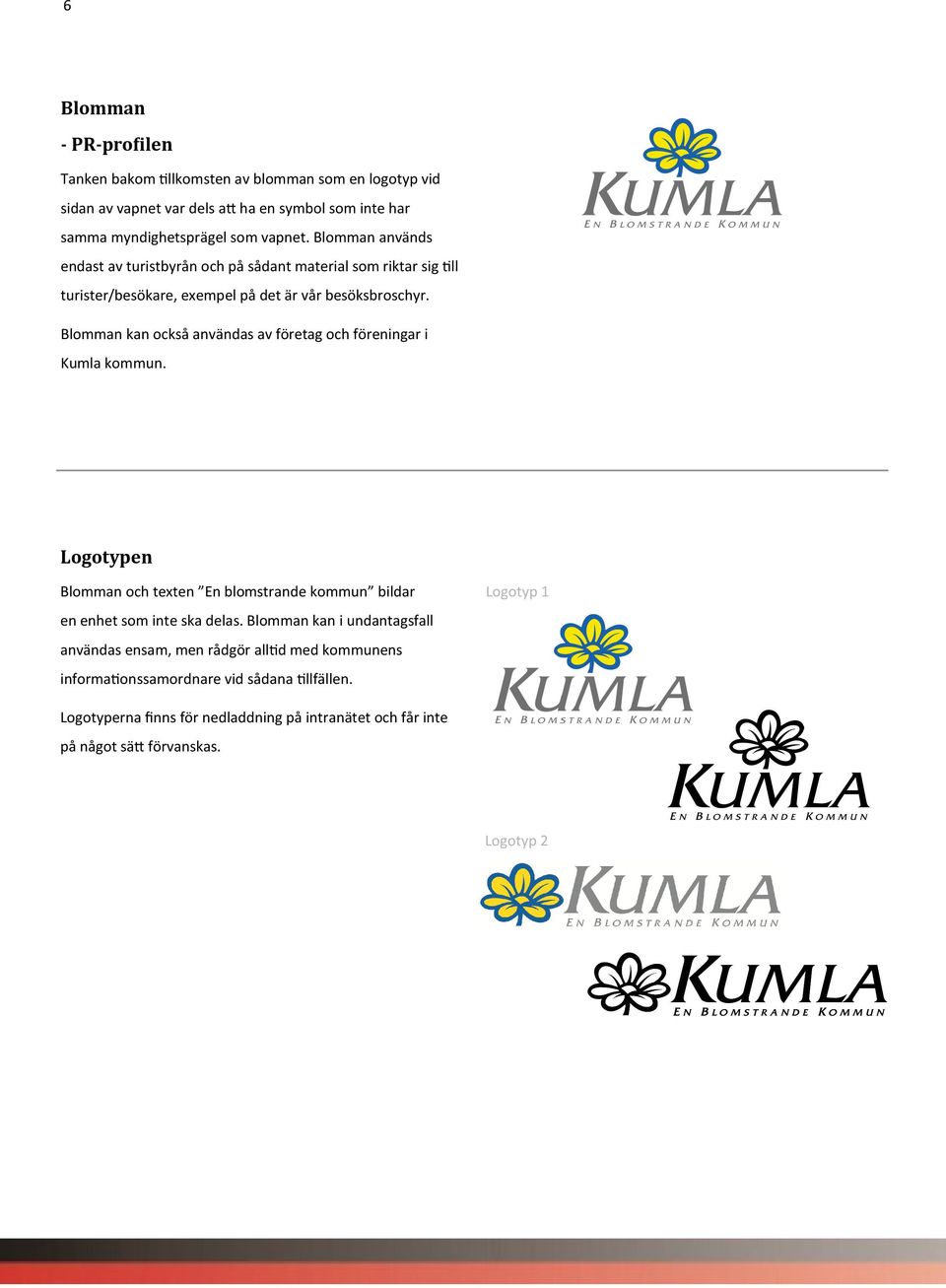 Blomman kan också användas av företag och föreningar i Kumla kommun. Logotypen Blomman och texten En blomstrande kommun bildar en enhet som inte ska delas.