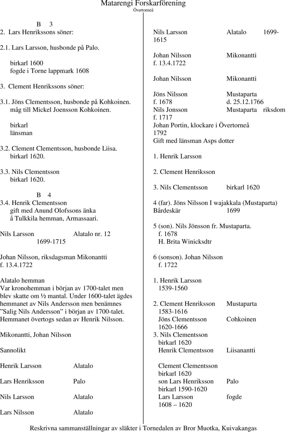 3.4. Henrik Clementsson gift med Anund Olofssons änka å Tulkkila hemman, Armassaari. Nils Larsson Alatalo nr. 12 1699-1715 Johan Nilsson, riksdagsman Mikonantti f. 13.4.1722 Alatalo hemman Var kronohemman i början av 1700-talet men blev skatte om ½ mantal.