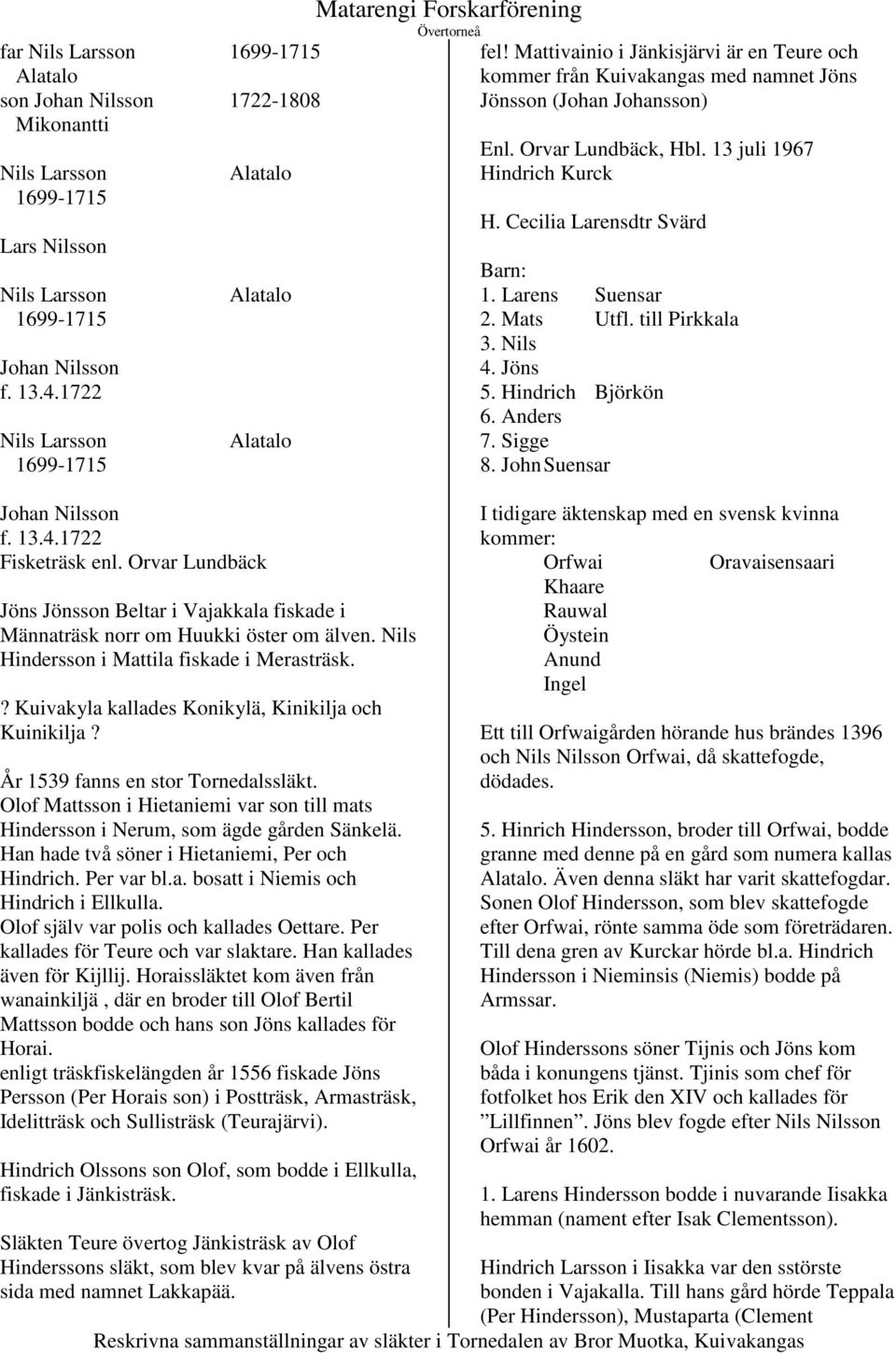 Nils Hindersson i Mattila fiskade i Merasträsk.? Kuivakyla kallades Konikylä, Kinikilja och Kuinikilja? År 1539 fanns en stor Tornedalssläkt.