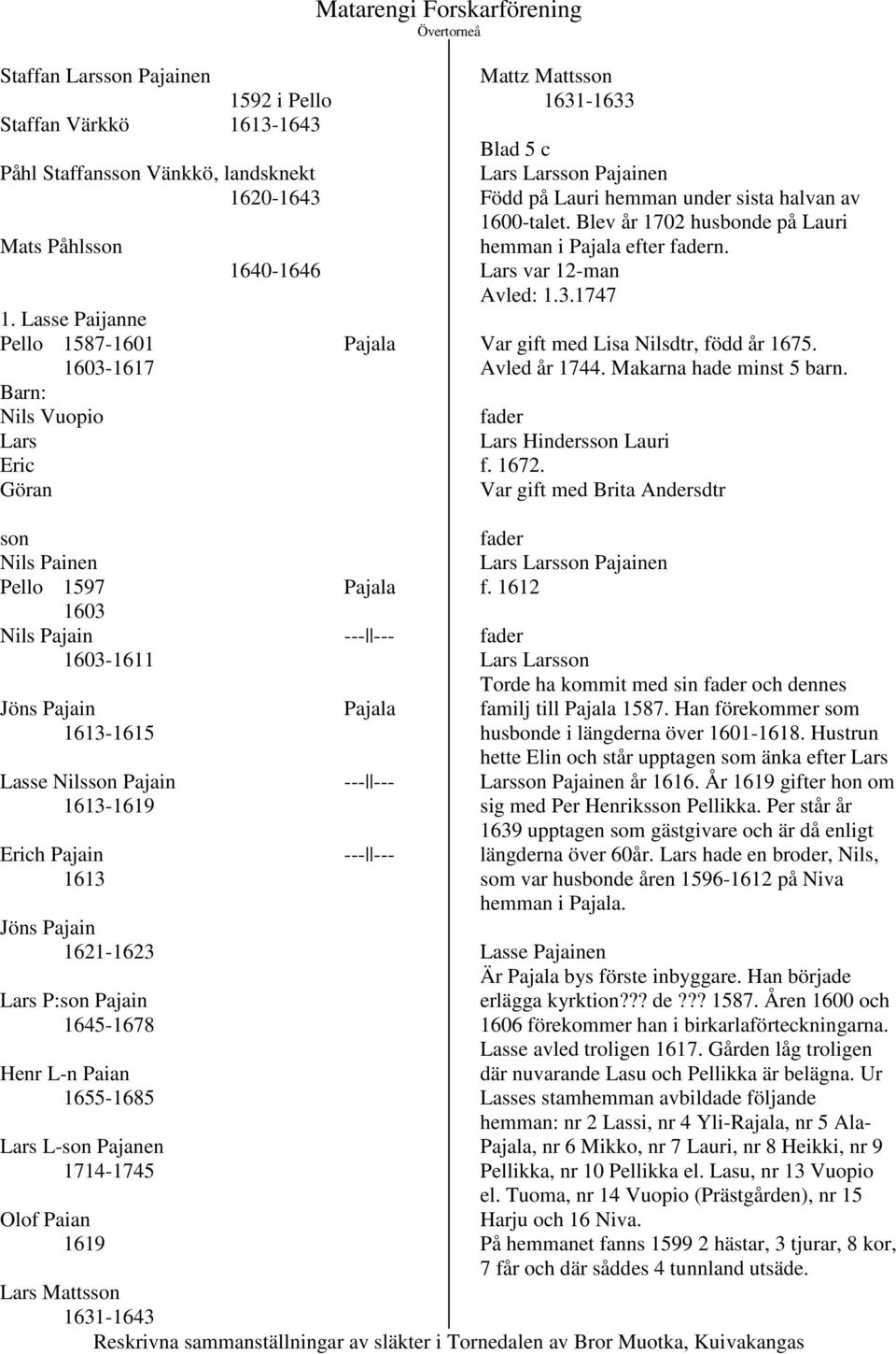 Blev år 1702 husbonde på Lauri hemman i Pajala efter fadern. Lars var 12-man Avled: 1.3.1747 Var gift med Lisa Nilsdtr, född år 1675. Avled år 1744. Makarna hade minst 5 barn.