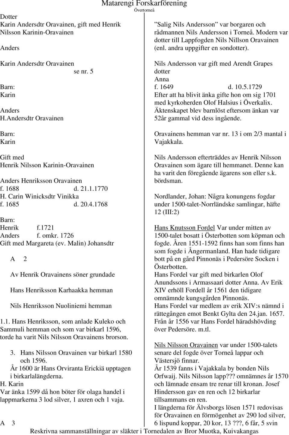 Andersdtr Oravainen Karin Nils Andersson var gift med Arendt Grapes dotter Anna f. 1649 d. 10.5.1729 Efter att ha blivit änka gifte hon om sig 1701 med kyrkoherden Olof Halsius i Överkalix.