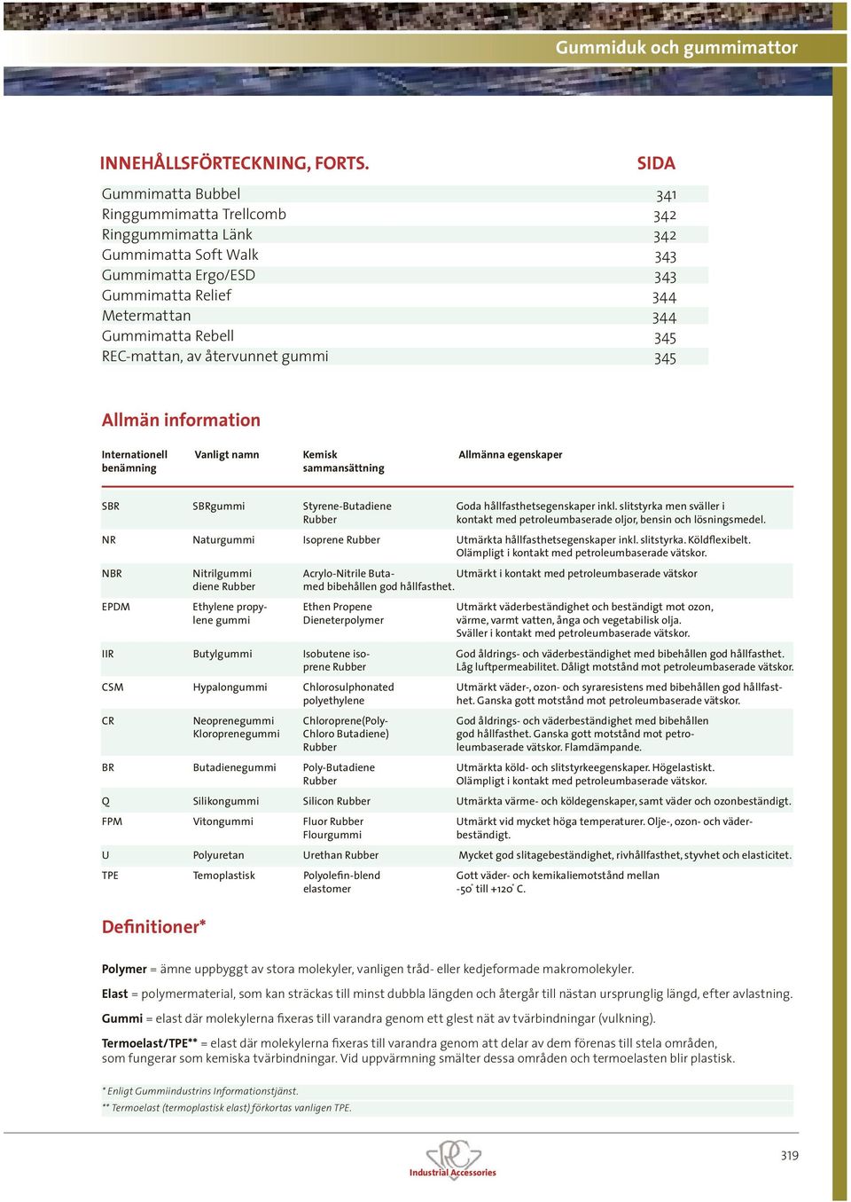 REC-mattan, av återvunnet gummi 345 Allmän information Internationell Vanligt namn Kemisk Allmänna egenskaper benämning sammansättning SBR SBRgummi Styrene-Butadiene Goda hållfasthetsegenskaper inkl.