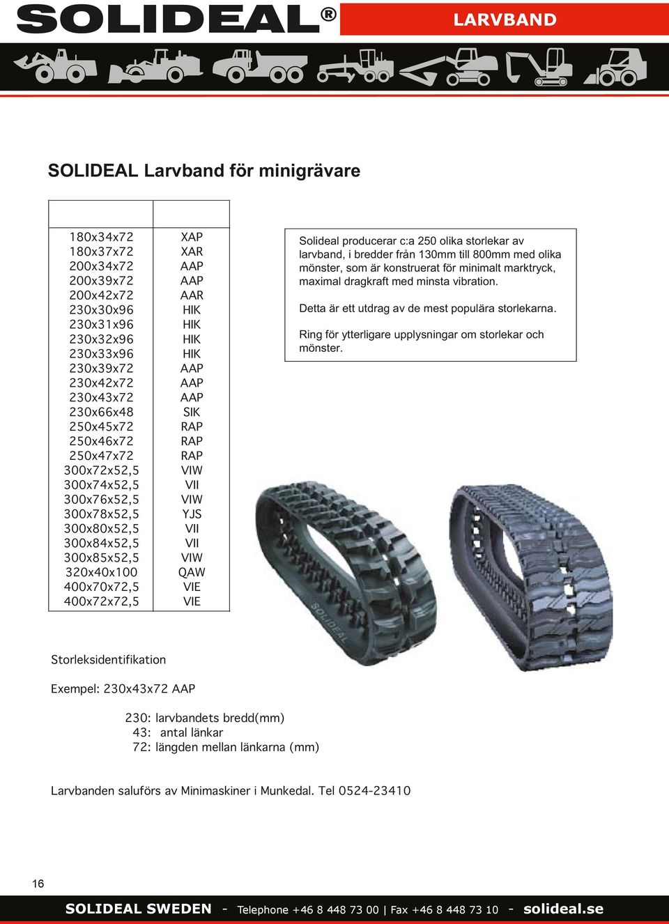 SIK RAP RAP RAP VIW VII VIW YJS VII VII VIW QAW VIE VIE Solideal producerar c:a 250 olika storlekar av larvband, i bredder från 130mm till 800mm med olika mönster, som är konstruerat för minimalt