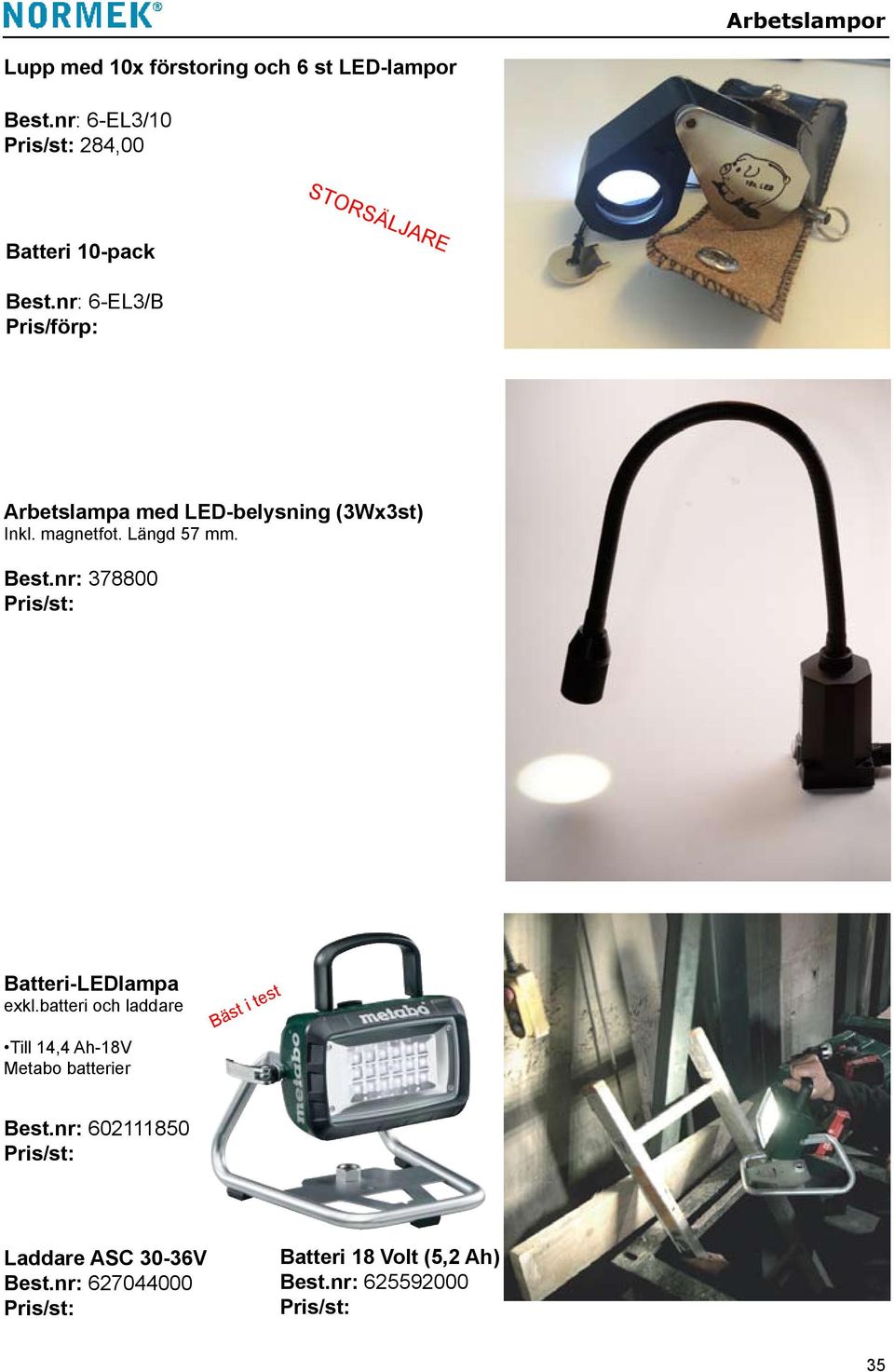 nr: 6-EL3/B Pris/förp: Arbetslampa med LED-belysning (3Wx3st) Inkl. magnetfot. Längd 57 mm. Best.