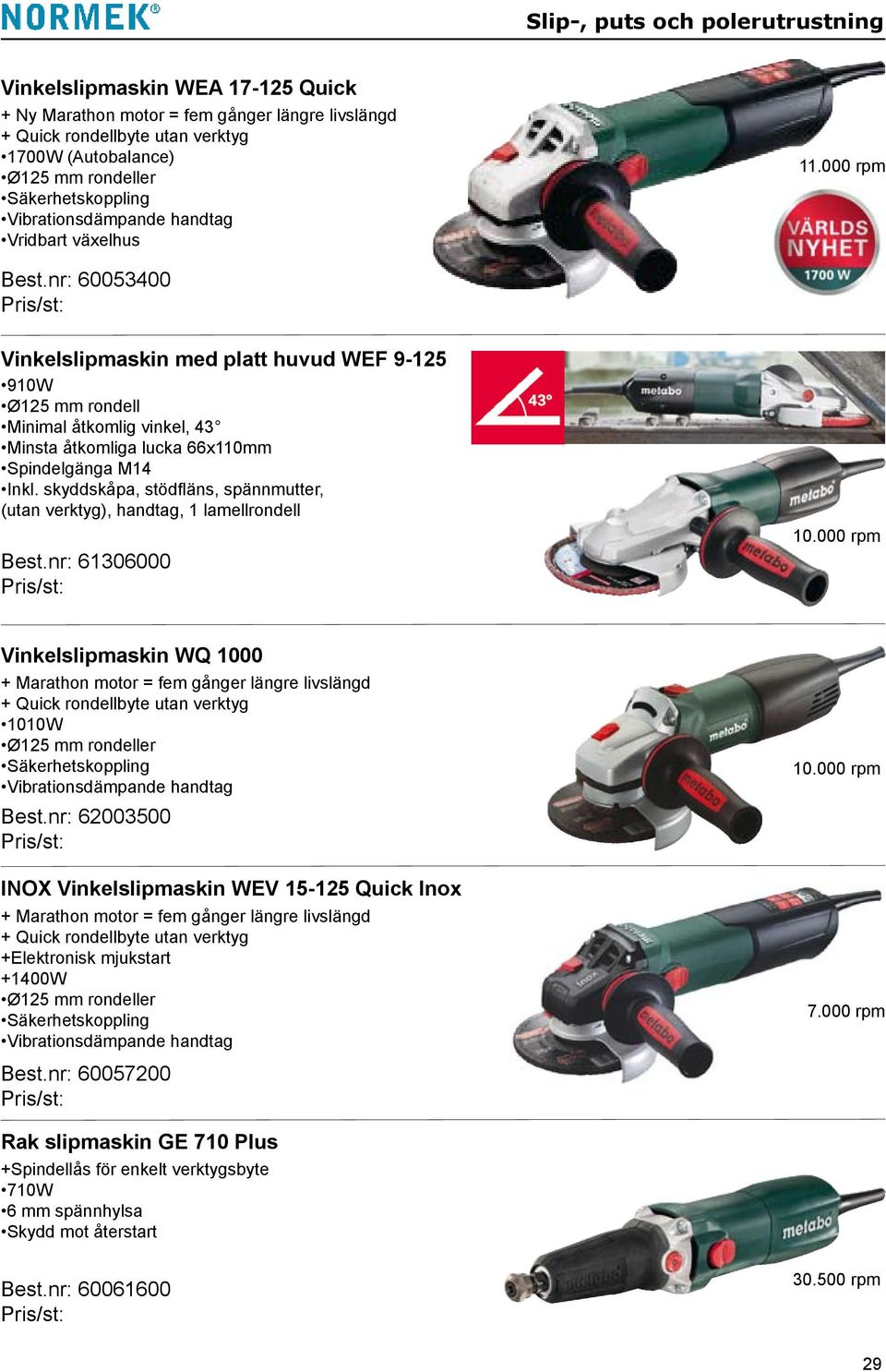 nr: 60053400 Vinkelslipmaskin med platt huvud WEF 9-125 910W Ø125 mm rondell Minimal åtkomlig vinkel, 43 Minsta åtkomliga lucka 66x110mm Spindelgänga M14 Inkl.