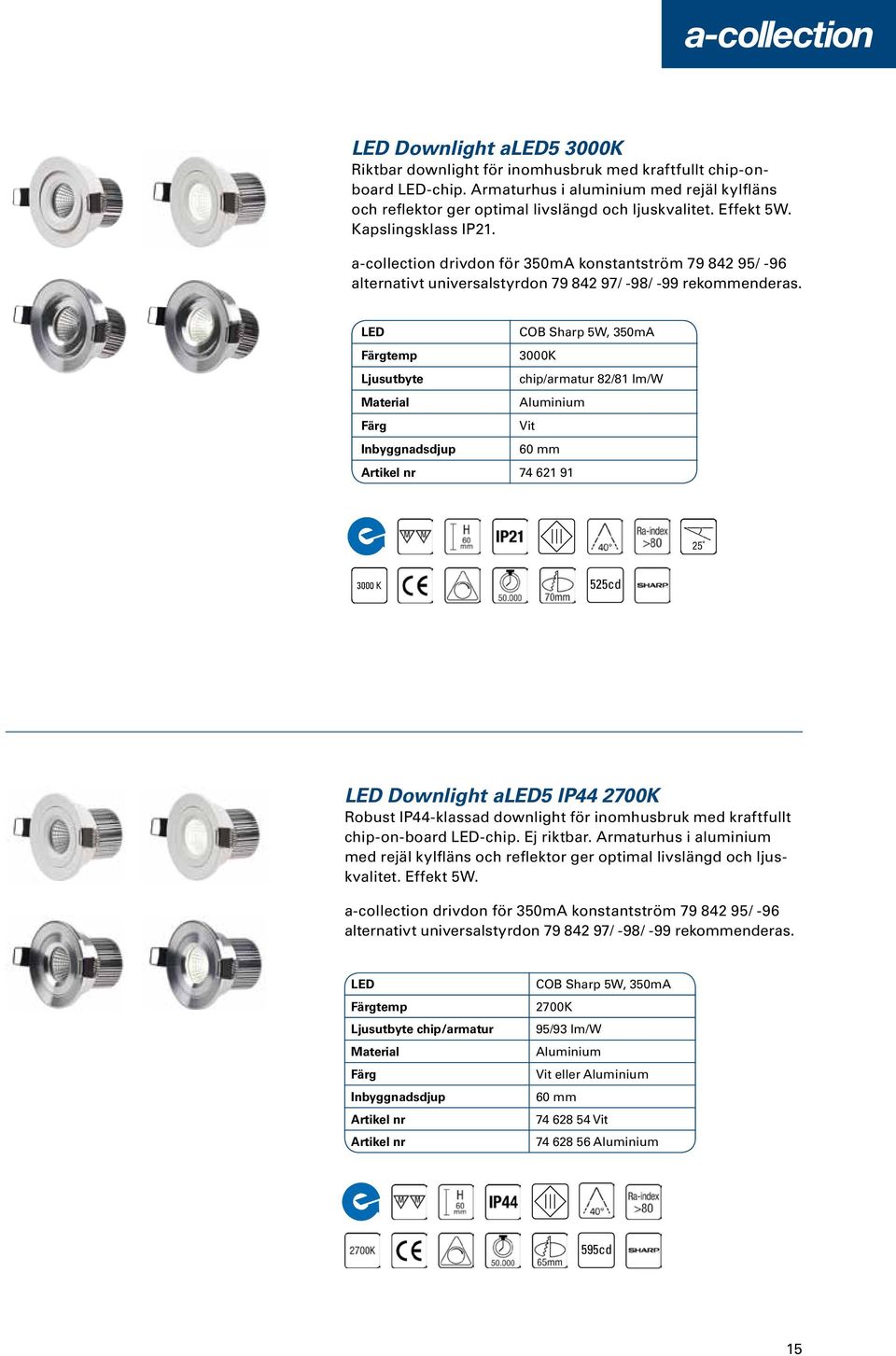 LED COB Sharp 5W, 350mA Färgtemp 3000K Ljusutbyte chip/armatur 82/81 lm/w Material Aluminium Färg Vit Inbyggnadsdjup 60 mm 74 621 91 525cd LED Downlight aled5 IP44 2700K Robust IP44-klassad downlight