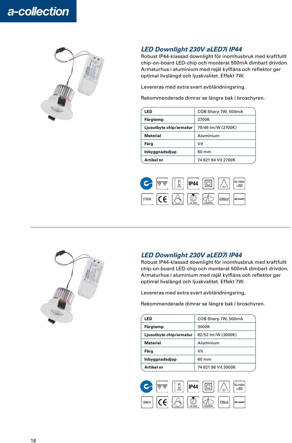 LED Färgtemp Ljusutbyte chip/armatur Material Färg Inbyggnadsdjup COB Sharp 7W, 500mA 2700K 79/46 lm/w (2700K) Aluminium Vit 60 mm 74 621 94 Vit 2700K   LED Färgtemp Ljusutbyte chip/armatur Material