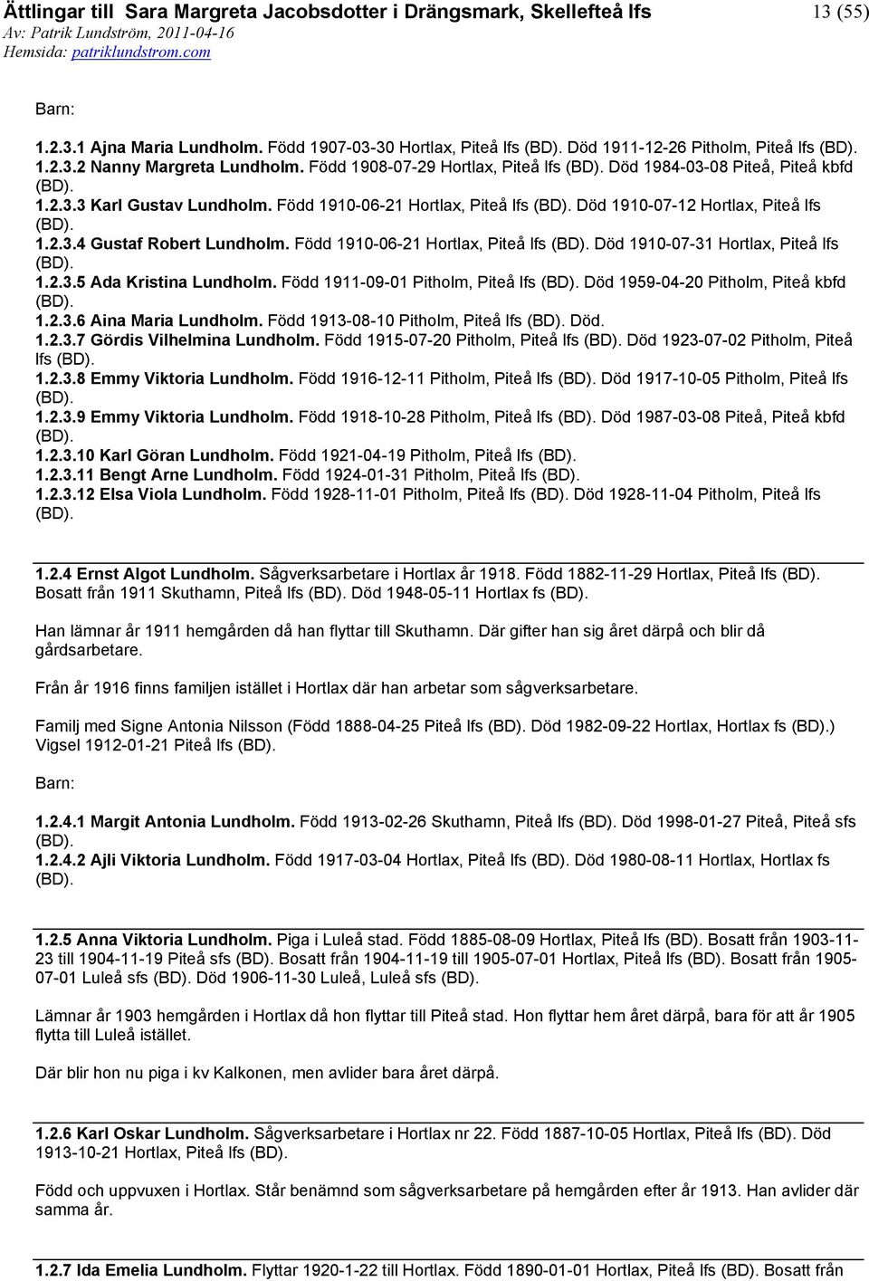 Född 1910-06-21 Hortlax, Piteå lfs (BD). Död 1910-07-31 Hortlax, Piteå lfs (BD). 1.2.3.5 Ada Kristina Lundholm. Född 1911-09-01 Pitholm, Piteå lfs (BD). Död 1959-04-20 Pitholm, Piteå kbfd (BD). 1.2.3.6 Aina Maria Lundholm.