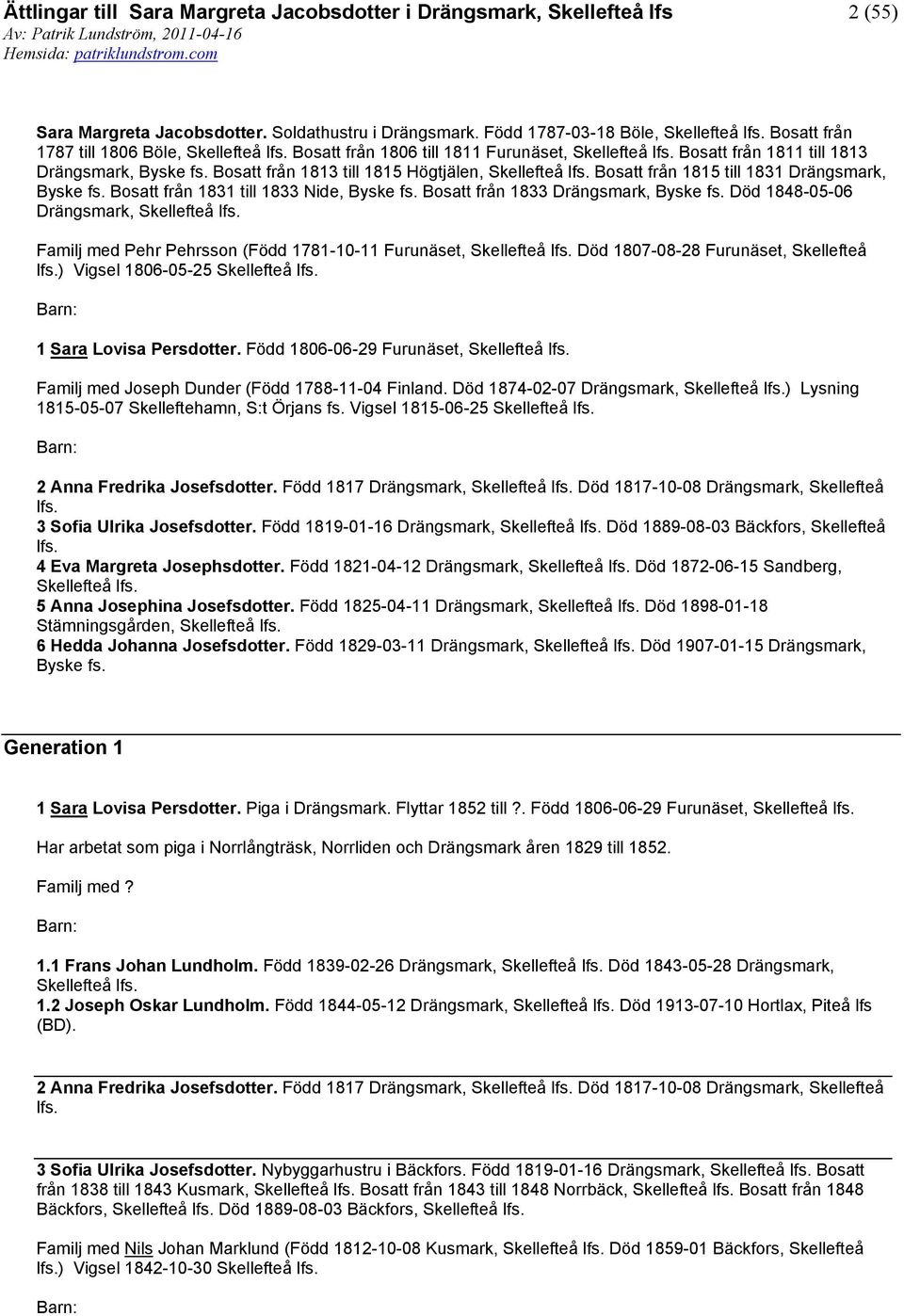 Bosatt från 1813 till 1815 Högtjälen, Bosatt från 1815 till 1831 Drängsmark, Byske fs. Bosatt från 1831 till 1833 Nide, Byske fs. Bosatt från 1833 Drängsmark, Byske fs.