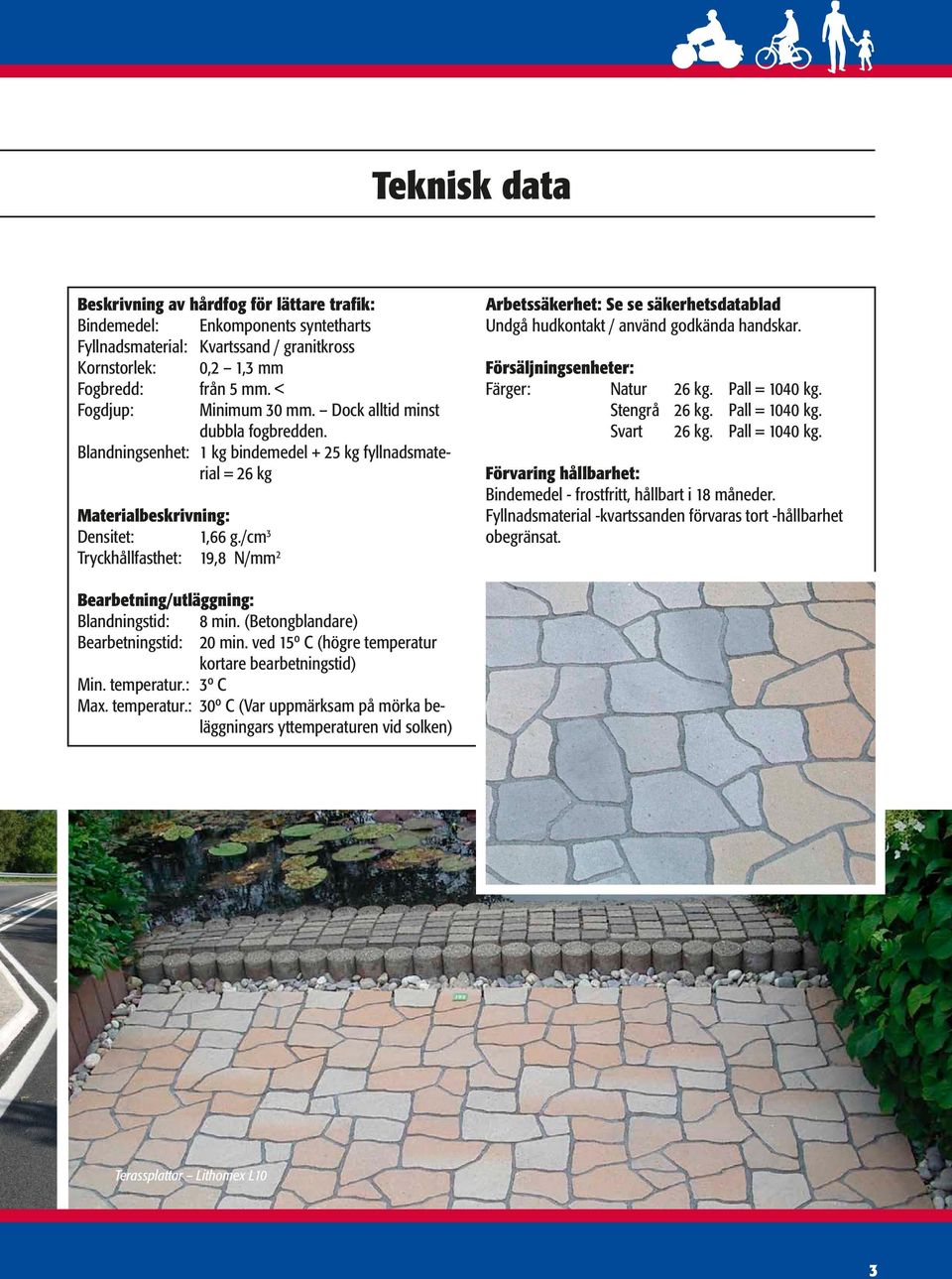 /cm 3 Tryckhållfasthet: 19,8 N/mm 2 Arbetssäkerhet: Se se säkerhetsdatablad Undgå hudkontakt / använd godkända handskar. Försäljningsenheter: Färger: Natur 26 kg. Pall = 1040 kg. Stengrå 26 kg.