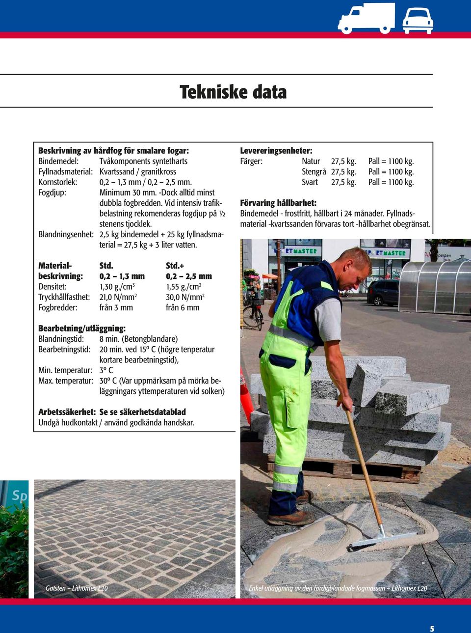 Levereringsenheter: Färger: Natur 27,5 kg. Pall = 1100 kg. Stengrå 27,5 kg. Pall = 1100 kg. Svart 27,5 kg. Pall = 1100 kg. Förvaring hållbarhet: Bindemedel - frostfritt, hållbart i 24 månader.