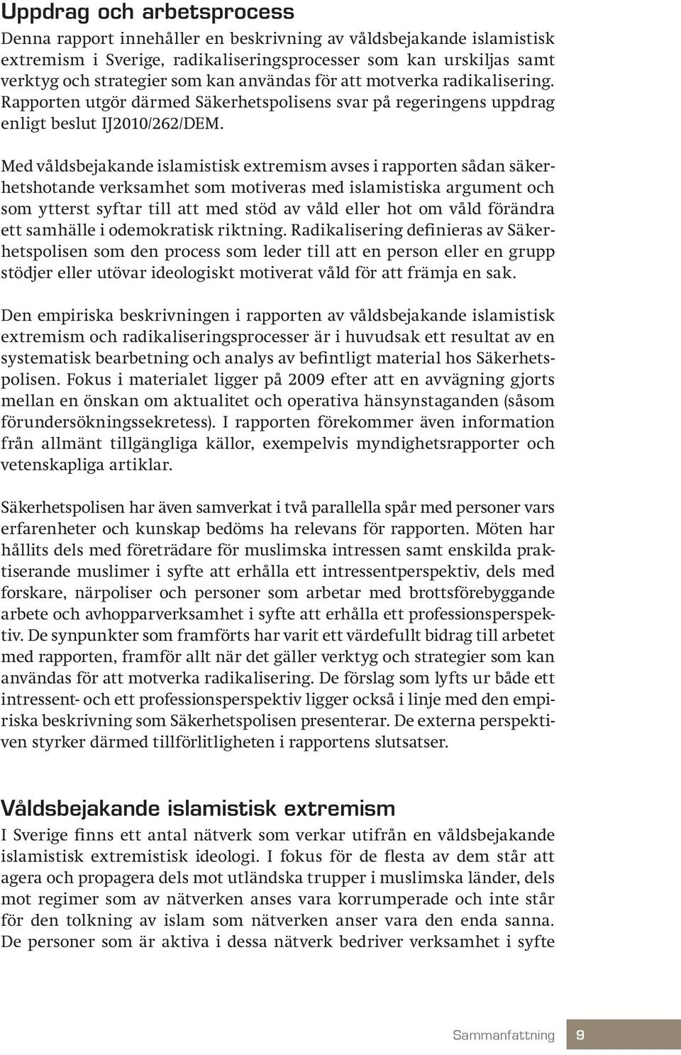 Med våldsbejakande islamistisk extremism avses i rapporten sådan säkerhetshotande verksamhet som motiveras med islamistiska argument och som ytterst syftar till att med stöd av våld eller hot om våld