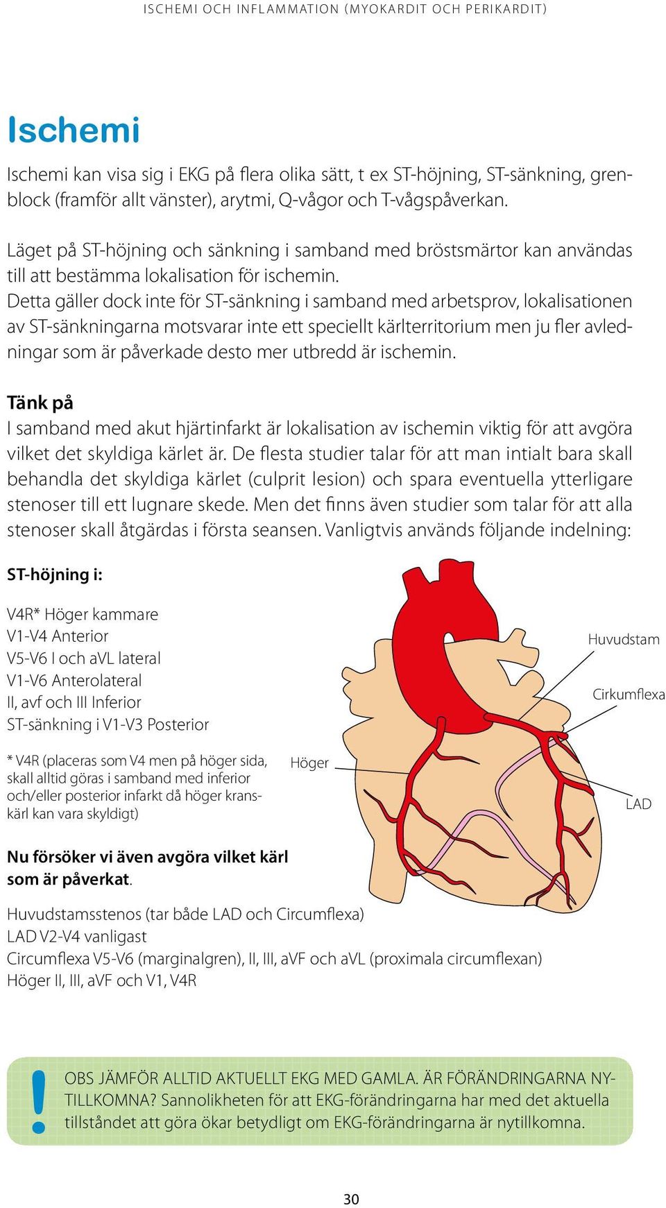 Detta gäller dock inte för ST-sänkning i samband med arbetsprov, lokalisationen av ST-sänkningarna motsvarar inte ett speciellt kärlterritorium men ju fler avledningar som är påverkade desto mer