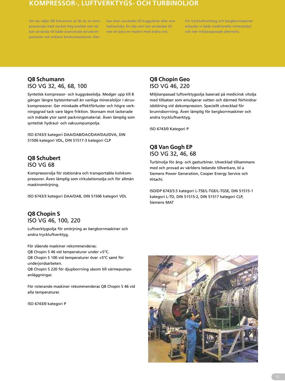 För tryckluftsverktyg och bergborrmaskiner erbjuder vi båda traditionella mineraloljor och mer miljöanpassade alternativ. Q8 Schumann ISO VG 32, 46, 68, 100 Syntetisk kompressor- och kuggväxelolja.
