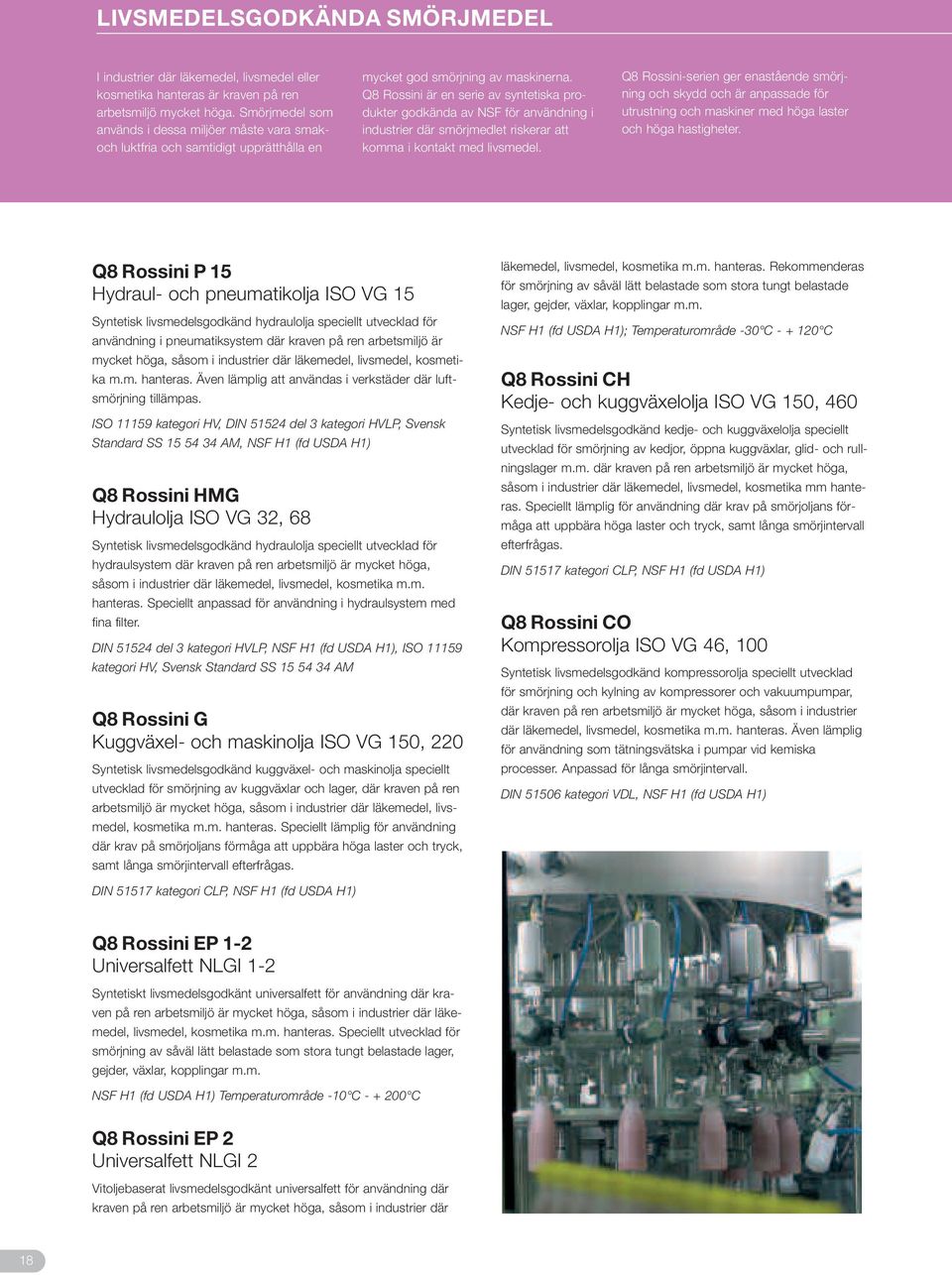 Q8 Rossini är en serie av syntetiska produkter godkända av NSF för användning i industrier där smörjmedlet riskerar att komma i kontakt med livsmedel.