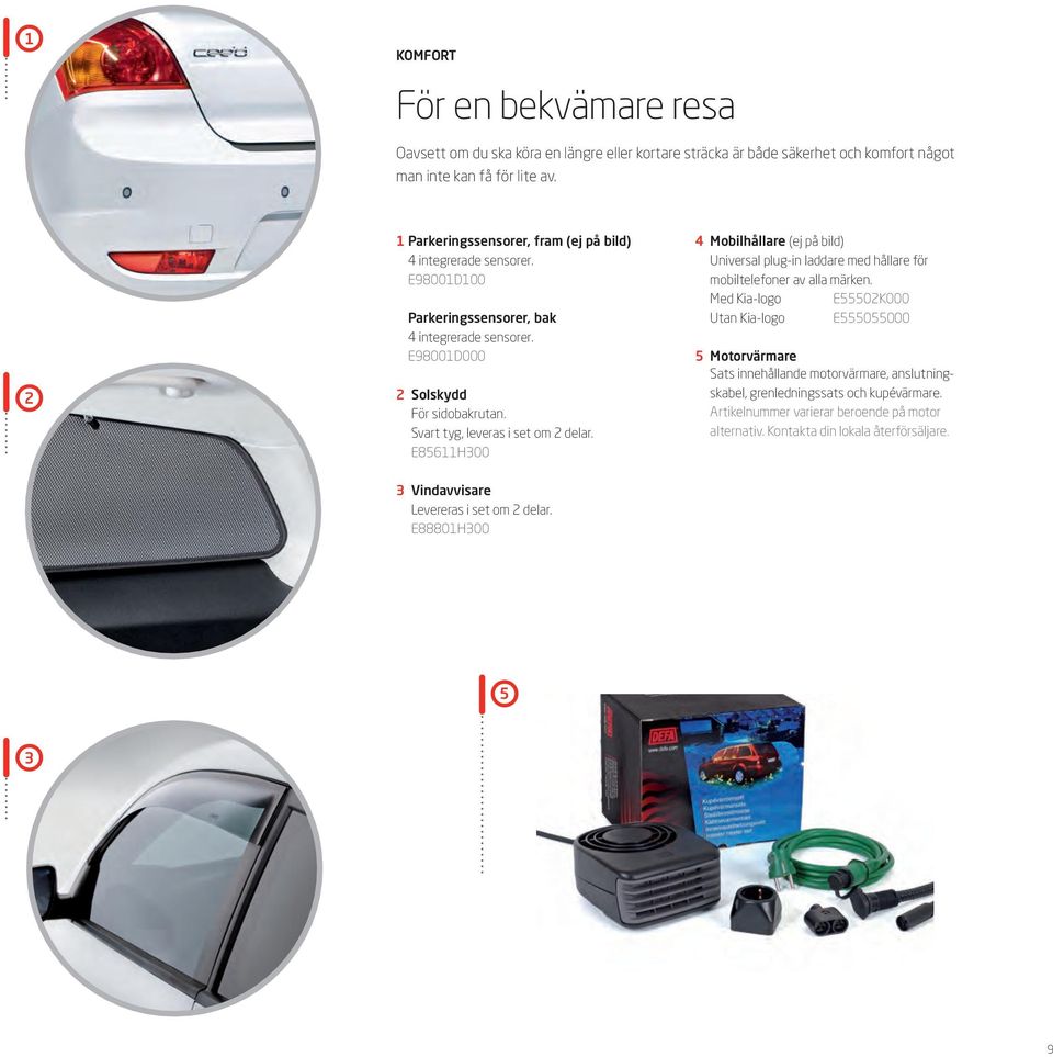 Svart tyg, leveras i set om 2 delar. E85611H300 4 Mobilhållare (ej på bild) Universal plug-in laddare med hållare för mobiltelefoner av alla märken.