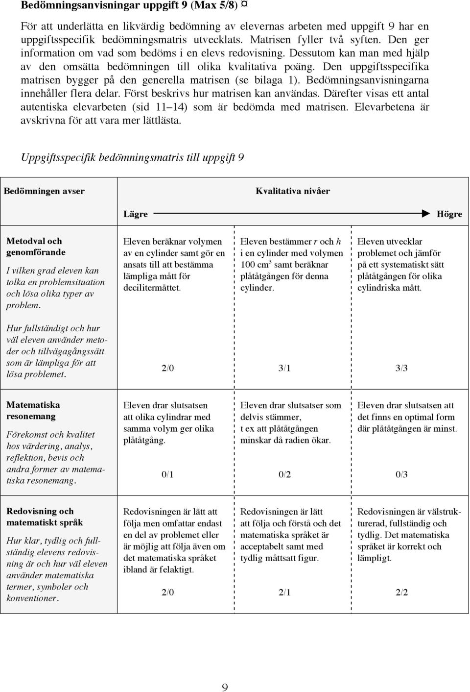 Den uppgiftsspecifika matrisen bygger på den generella matrisen (se bilaga 1). Bedömningsanvisningarna innehåller flera delar. Först beskrivs hur matrisen kan användas.