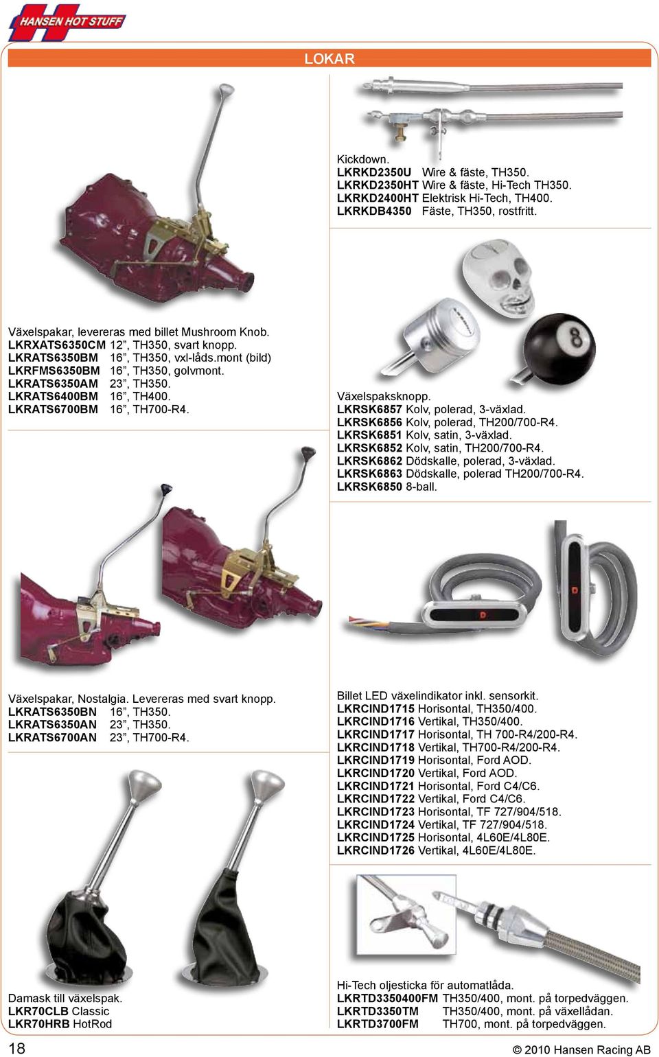 LKRATS6400BM 16, TH400. LKRATS6700BM 16, TH700-R4. Växelspaksknopp. LKRSK6857 Kolv, polerad, 3-växlad. LKRSK6856 Kolv, polerad, TH200/700-R4. LKRSK6851 Kolv, satin, 3-växlad.