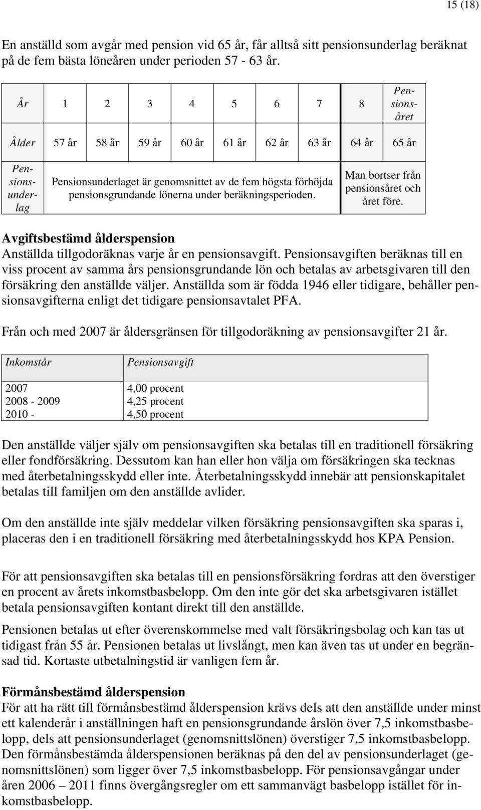 under beräkningsperioden. Man bortser från pensionsåret och året före. Avgiftsbestämd ålderspension Anställda tillgodoräknas varje år en pensionsavgift.