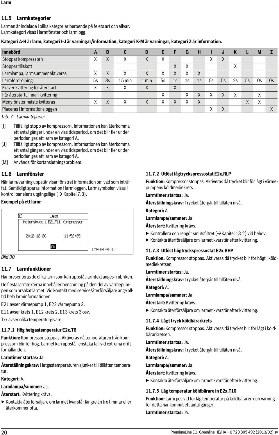 Innebörd A B C D E F G H I J K L M Z Stoppar kompressorn X X X X X X X Stoppar tillskott X X X Larmlampa, larmsummer aktiveras X X X X X X X X Larmfördröjning 5s 3s 15 min 1 min 5s 1s 1s 1s 5s 5s 2s