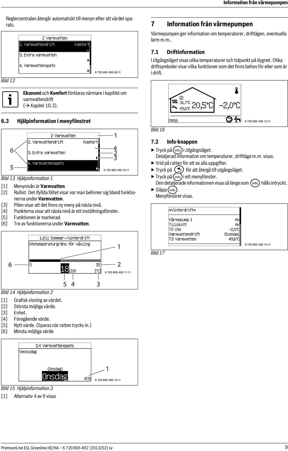 1I Ekonomi och Komfort förklaras närmare i kapitlet om varmvattendrift ( Kapitel 10.3). 7.1 Driftinformation I Utgångsläget visas olika temperaturer och tidpunkt på dygnet.