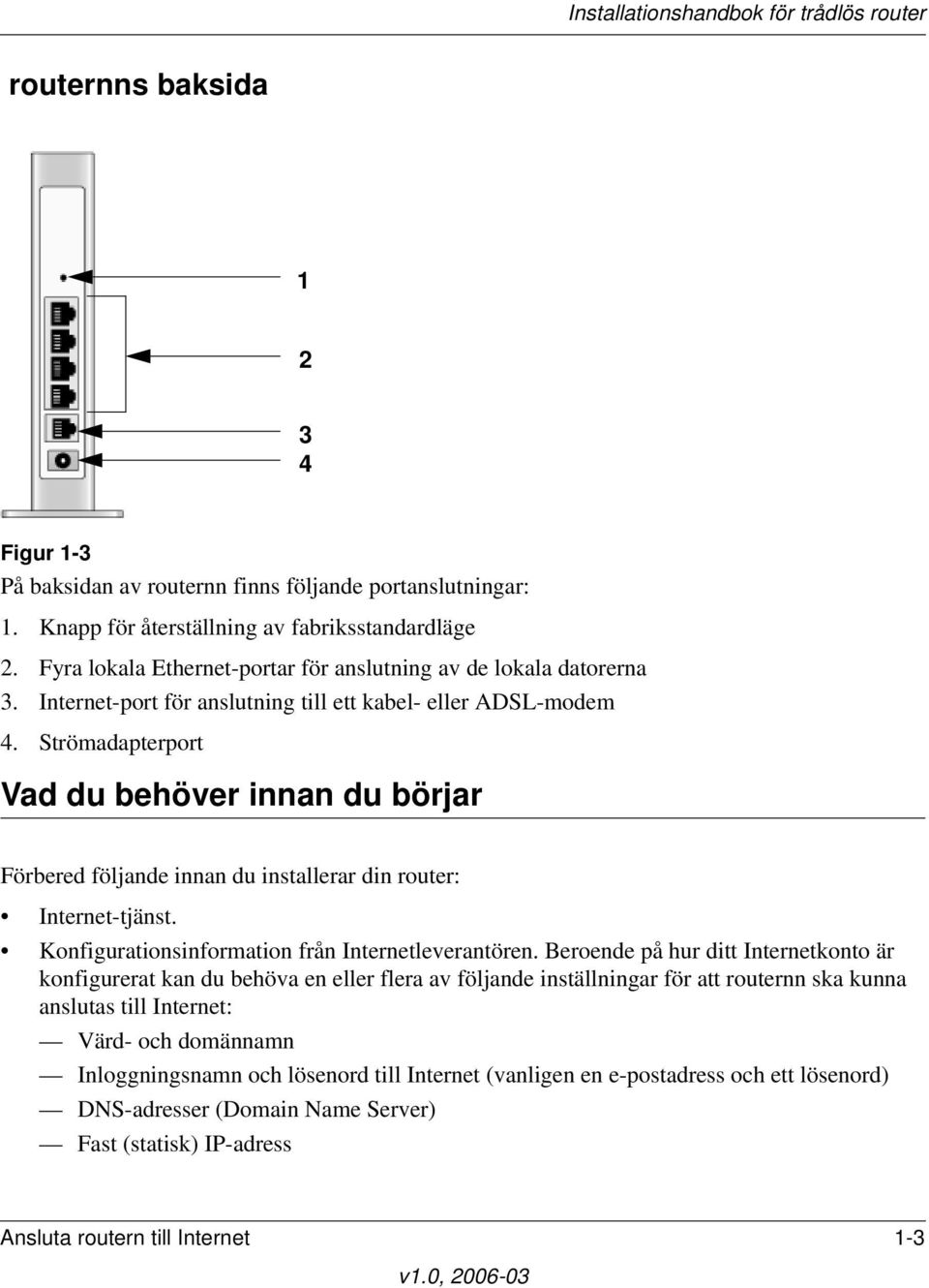 Strömadapterport Vad du behöver innan du börjar Förbered följande innan du installerar din router: Internet-tjänst. Konfigurationsinformation från Internetleverantören.