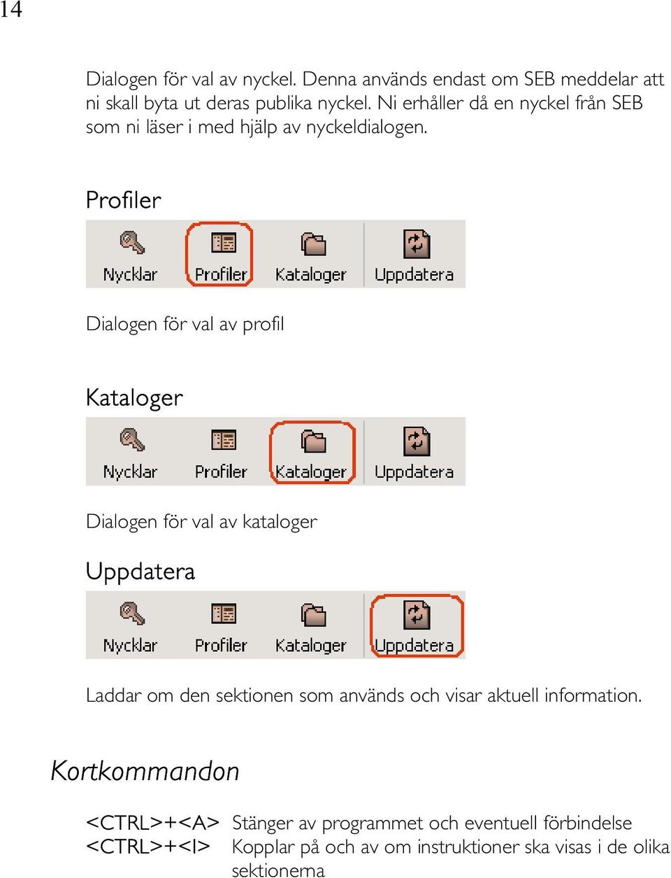 Profiler Dialogen för val av profil Kataloger Dialogen för val av kataloger Uppdatera Laddar om den sektionen som används