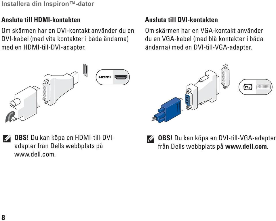 Ansluta till DVI-kontakten Om skärmen har en VGA-kontakt använder du en VGA-kabel (med blå kontakter i båda ändarna) med