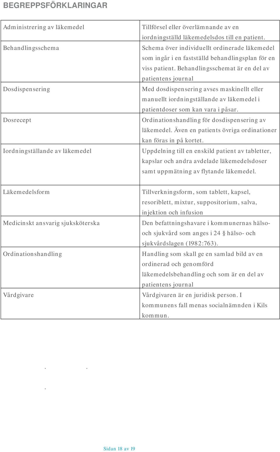 Behandlingsschemat är en del av patientens journal Med dosdispensering avses maskinellt eller manuellt iordningställande av läkemedel i patientdoser som kan vara i påsar.