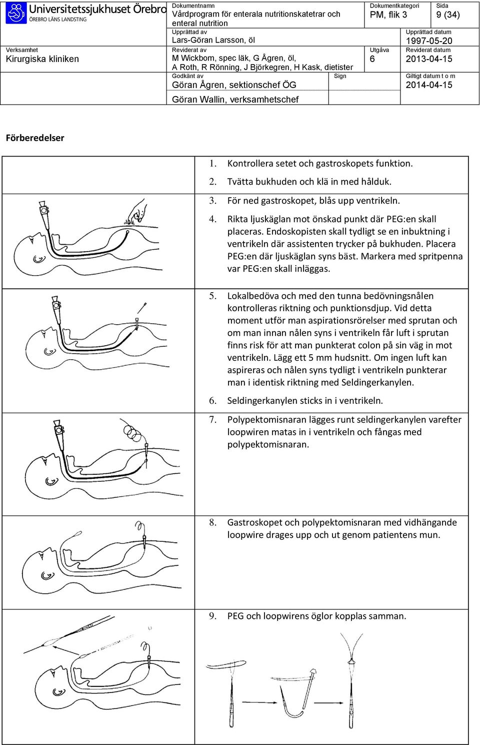 Markera med spritpenna var PEG:en skall inläggas. 5. Lokalbedöva och med den tunna bedövningsnålen kontrolleras riktning och punktionsdjup.