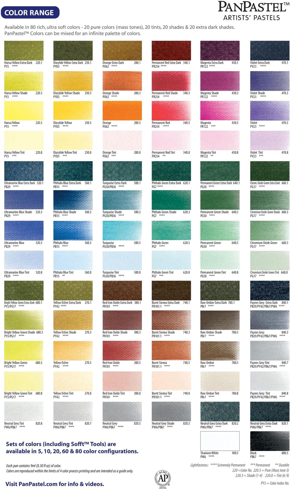 1 Hansa Yellow Shade 220.3 Diarylide Yellow Shade 250.3 Orange Shade 280.3 Permanent Red Shade 340.3 Magenta Shade 430.3 PR122 **** Violet Shade 470.3 Hansa Yellow 220.5 Diarylide Yellow 250.