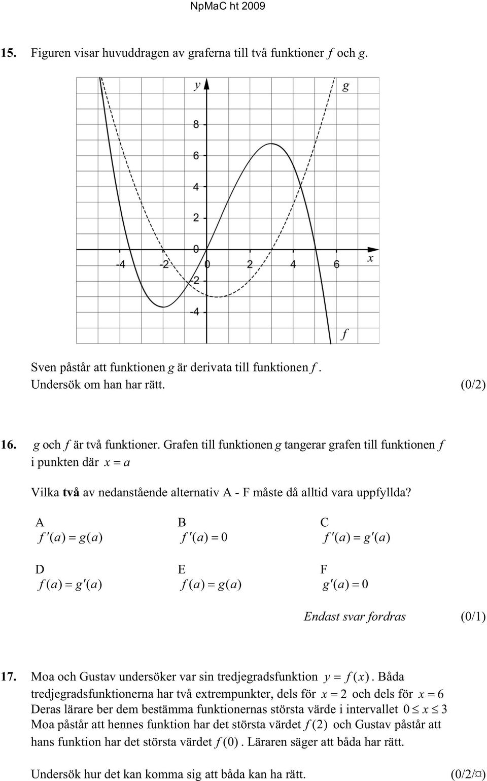 A f ( a) g( a) D f ( a) g ( a) B f ( a) 0 E f ( a) g( a) C f ( a) g ( a) F g ( a) 0 Endast svar fordras (0/1) 17. Moa och Gustav undersöker var sin tredjegradsfunktion y f (x).