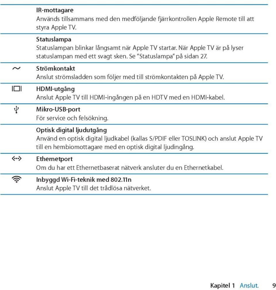 HDMI-utgång Anslut Apple TV till HDMI-ingången på en HDTV med en HDMI-kabel. d Mikro-USB-port För service och felsökning.