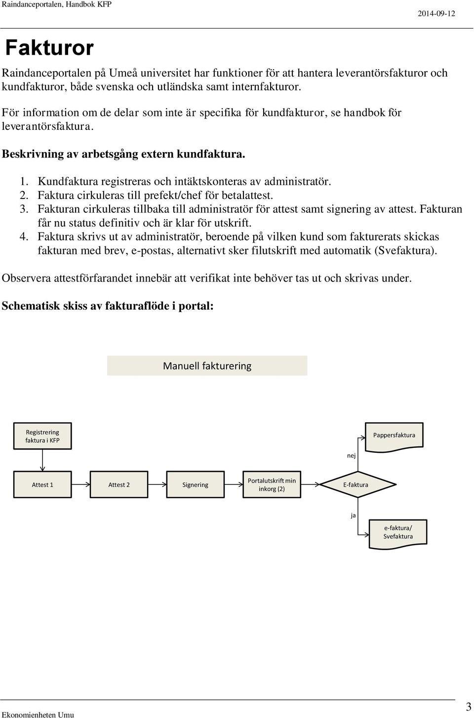 Kundfaktura registreras och intäktskonteras av administratör. 2. Faktura cirkuleras till prefekt/chef för betalattest. 3.