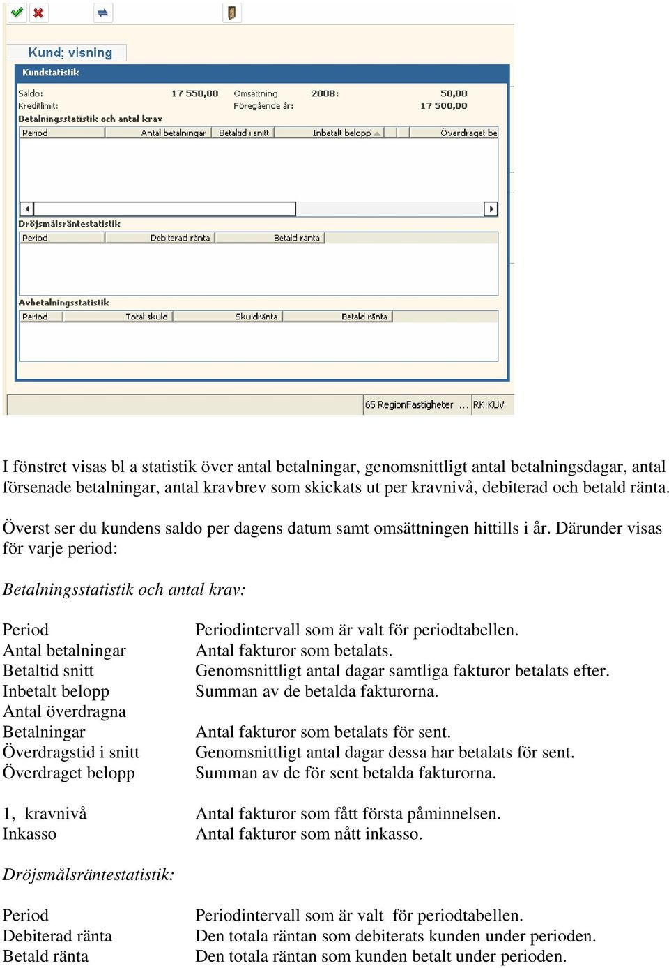 Därunder visas för varje period: Betalningsstatistik och antal krav: Period Antal betalningar Betaltid snitt Inbetalt belopp Antal överdragna Betalningar Överdragstid i snitt Överdraget belopp