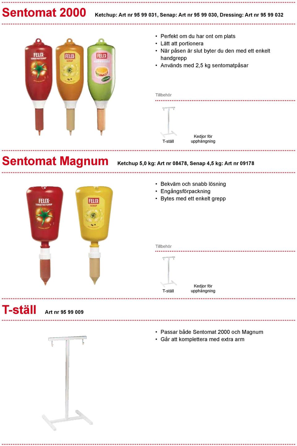 Sentomat Magnum Ketchup 5,0 kg: Art nr 08478, Senap 4,5 kg: Art nr 09178 Bekväm och snabb lösning Engångsförpackning Bytes med ett