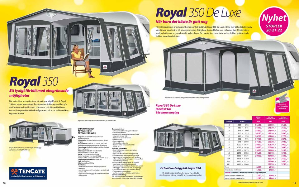 STORLEK 20-21-22 Royal 350 Ett lyxigt förtält med obegränsade möjligheter Royal 350 De Luxe med stängda fönsterklaffar och dubbel gräskant För människor som prioriterar ett extra rymligt förtält, är