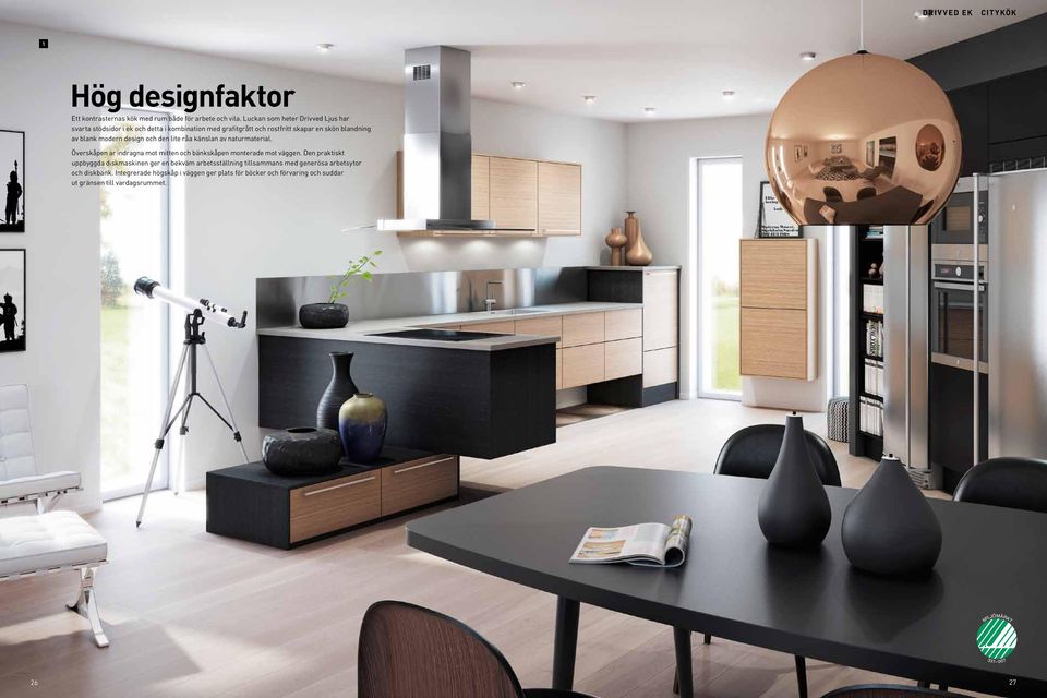 design och den lite råa känslan av naturmaterial. Överskåpen är indragna mot mitten och bänkskåpen monterade mot väggen.