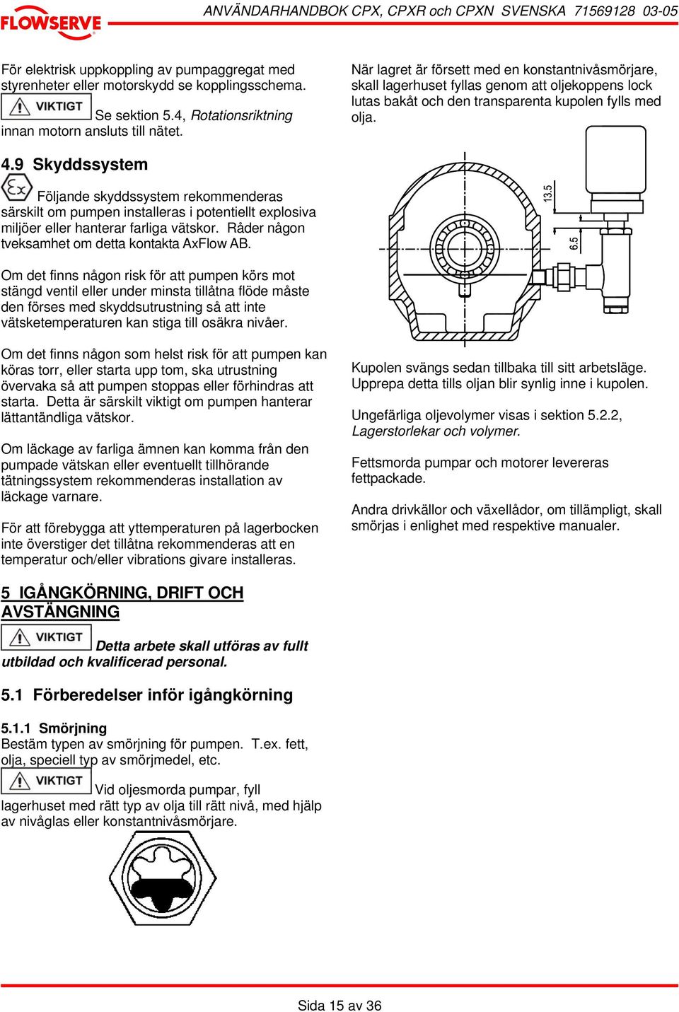 9 Skyddssystem Följande skyddssystem rekommenderas särskilt om pumpen installeras i potentiellt explosiva miljöer eller hanterar farliga vätskor. Råder någon tveksamhet om detta kontakta AxFlow AB.