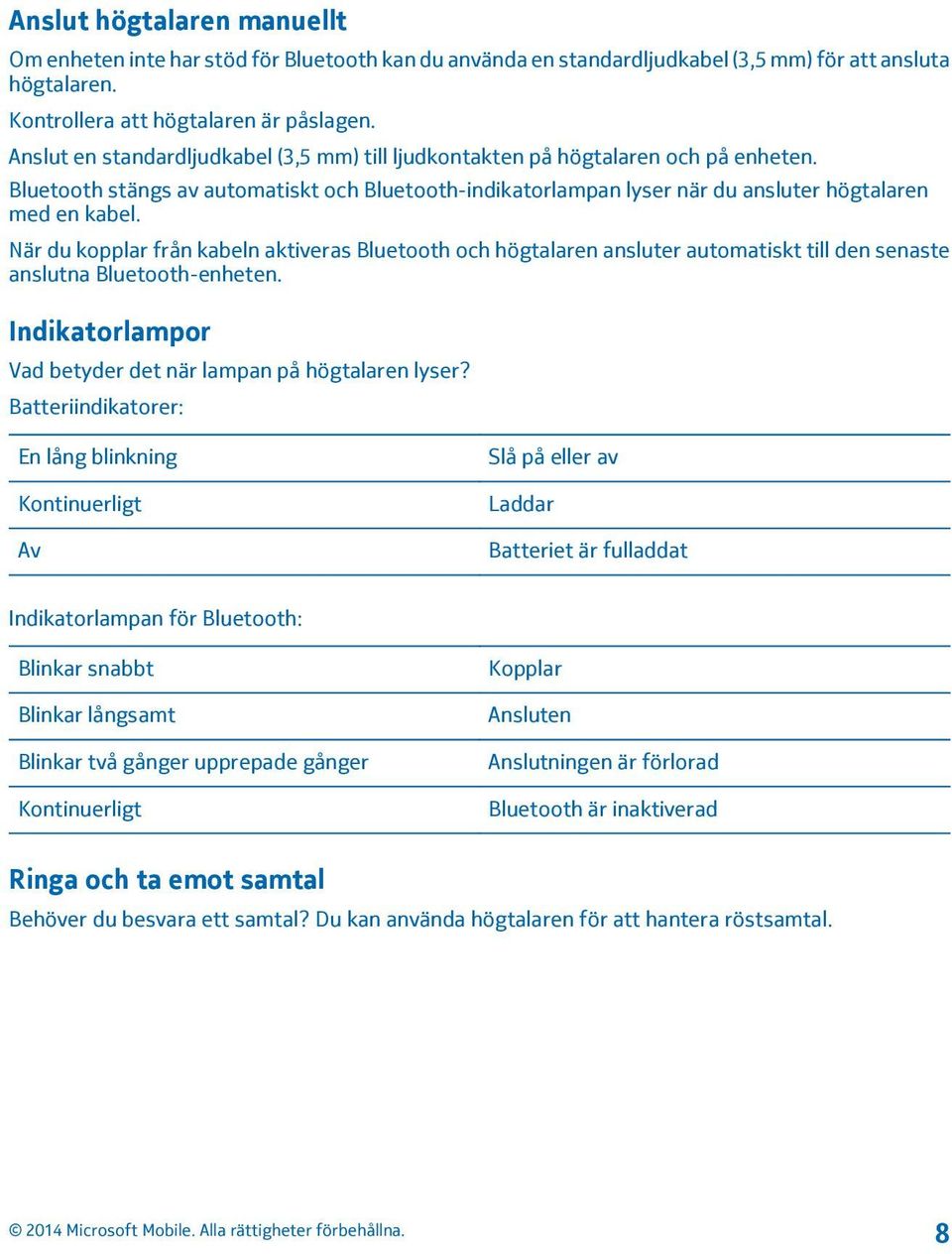 När du kopplar från kabeln aktiveras Bluetooth och högtalaren ansluter automatiskt till den senaste anslutna Bluetooth-enheten. Indikatorlampor Vad betyder det när lampan på högtalaren lyser?