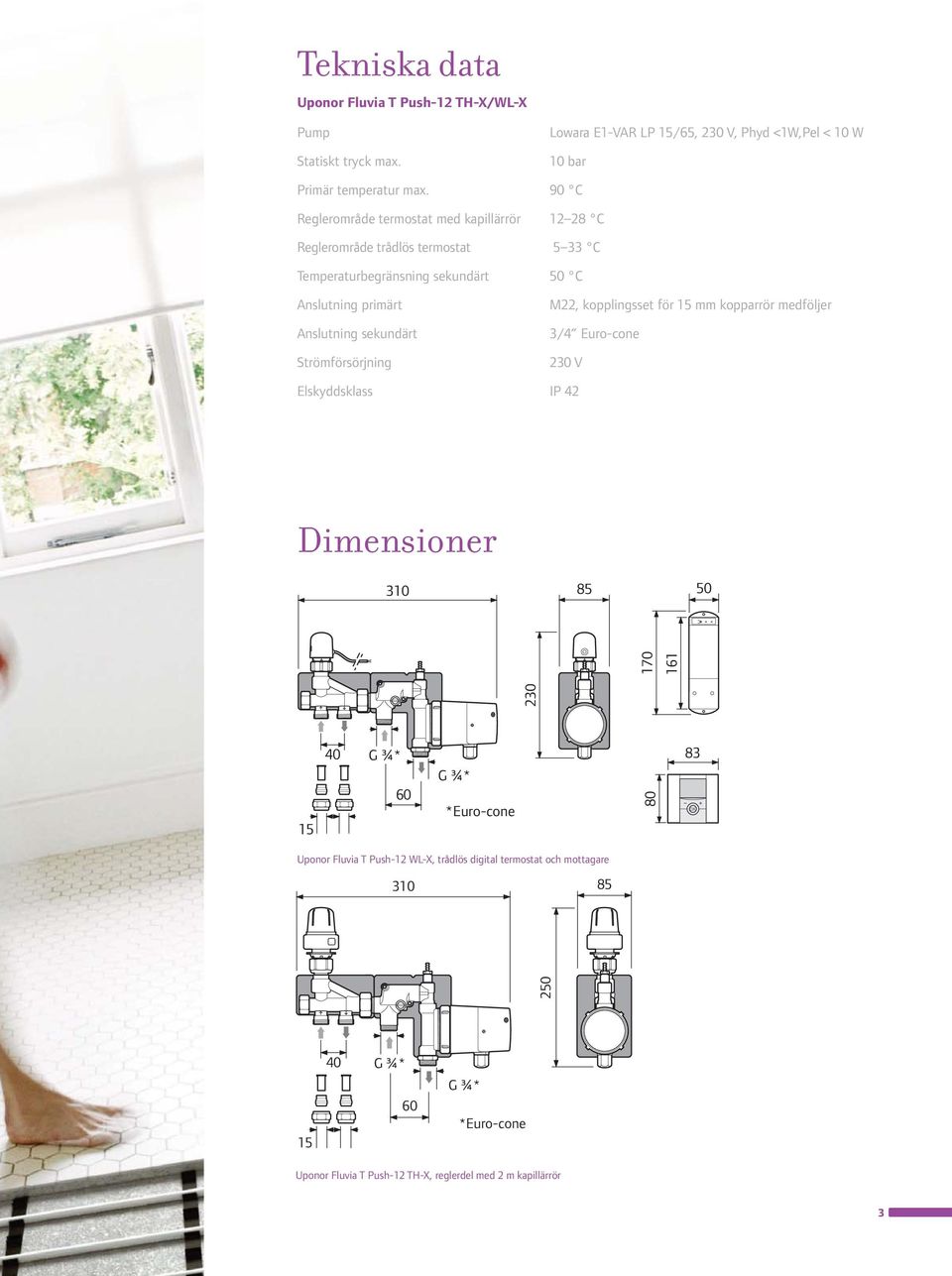 Strömförsörjning M22, kopplingsset för 15 mm kopparrör medföljer 3/4 Euro-cone 230 V Elskyddsklass IP 42 Dimensioner 310 85 50 170 161 Bypass On Off 230 15 40 G ¾* 60 G ¾*