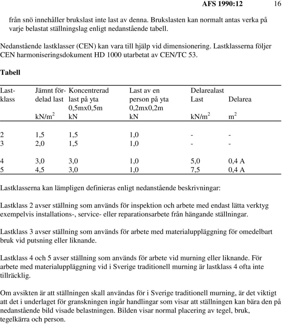 Tabell Last- Jämnt för- Koncentrerad Last av en Delarealast klass delad last last på yta person på yta Last Delarea 0,5mx0,5m 0,2mx0,2m kn/m 2 kn kn kn/m 2 m 2 2 1,5 1,5 1,0 - - 3 2,0 1,5 1,0 - - 4