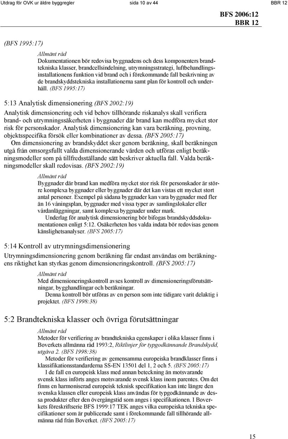 (BFS 1995:17) 5:13 Analytisk dimensionering (BFS 2002:19) Analytisk dimensionering och vid behov tillhörande riskanalys skall verifiera brand- och utrymningssäkerheten i byggnader där brand kan