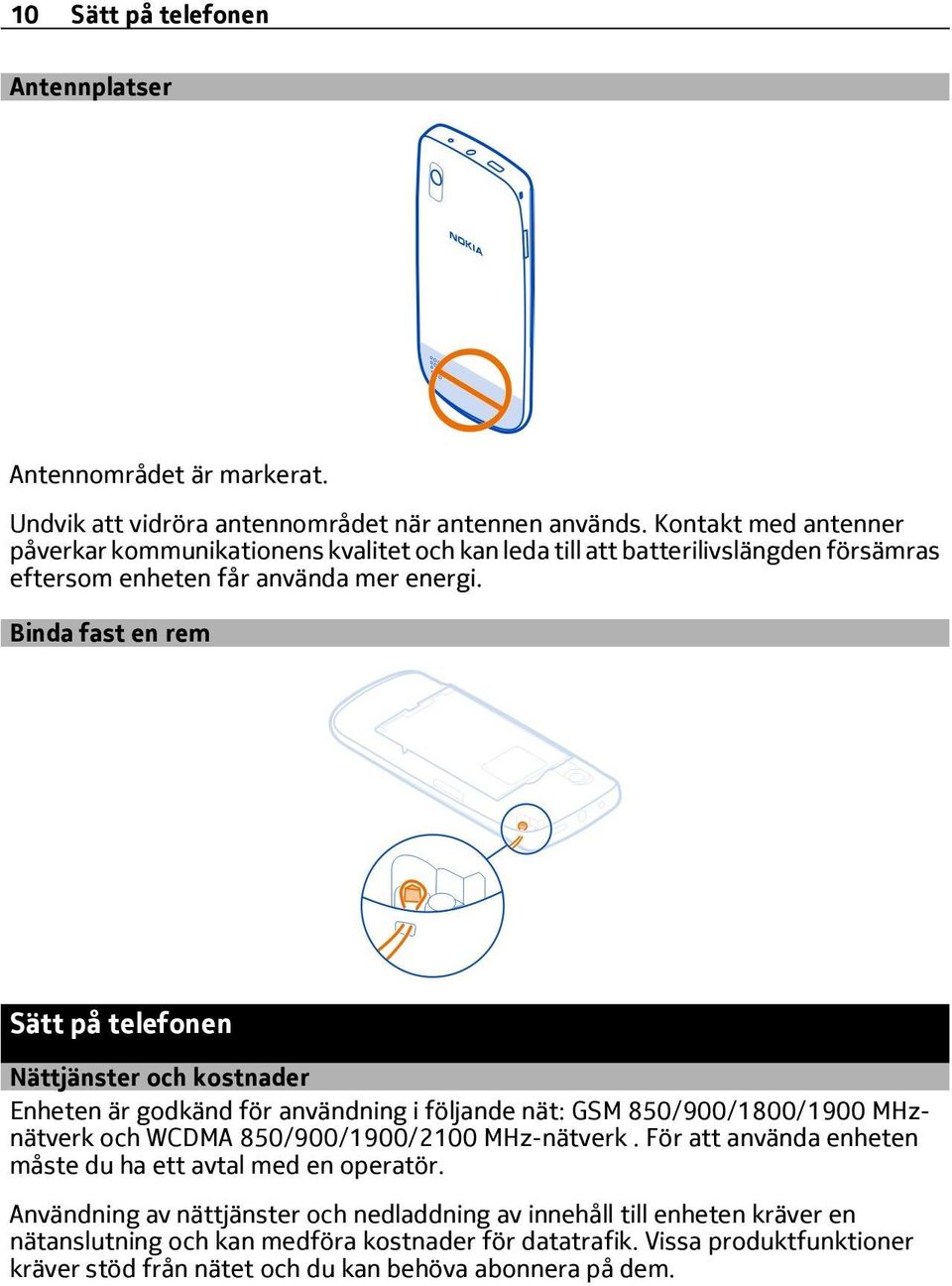 Binda fast en rem Sätt på telefonen Nättjänster och kostnader Enheten är godkänd för användning i följande nät: GSM 850/900/1800/1900 MHznätverk och WCDMA 850/900/1900/2100