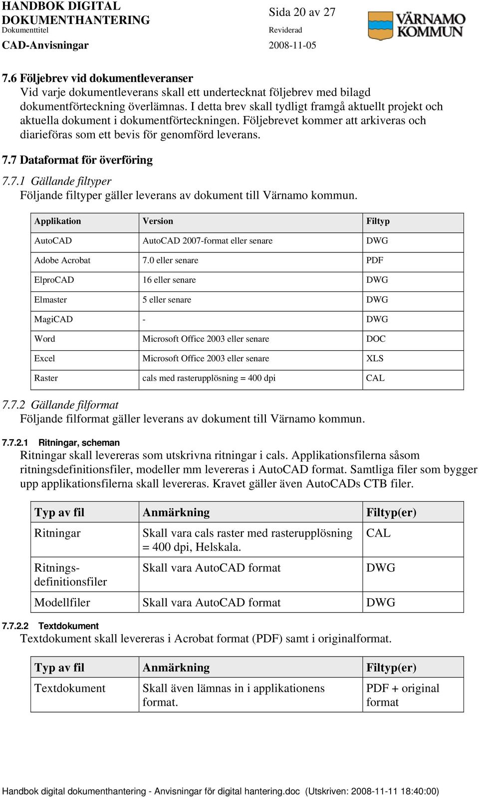 7 Dataformat för överföring 7.7.1 Gällande filtyper Följande filtyper gäller leverans av dokument till Värnamo kommun.