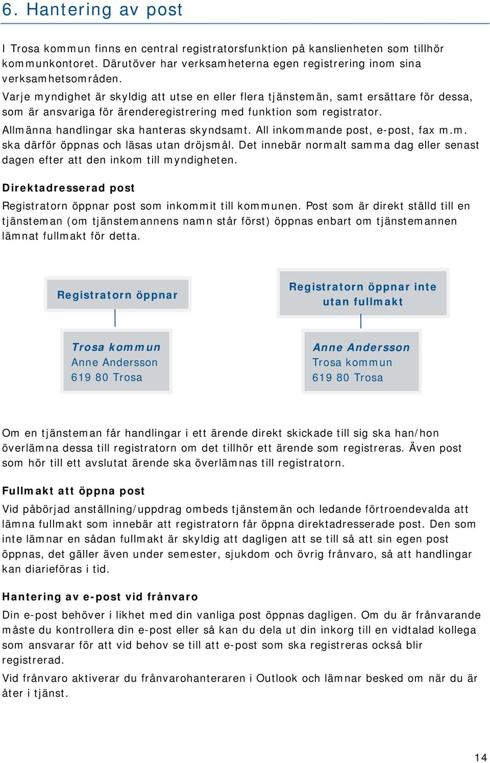 Allmänna handlingar ska hanteras skyndsamt. All inkommande post, e-post, fax m.m. ska därför öppnas och läsas utan dröjsmål.