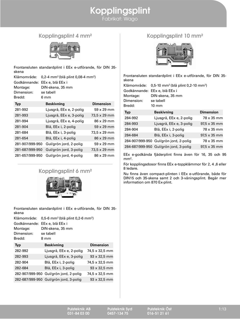 EE e, 4-polig 86 29 mm 281-904 Blå, EE i, 2-polig 59 29 mm 281-684 Blå, EE i, 3-polig 73,5 29 mm 281-654 Blå, EE i, 4-polig 86 29 mm 281-907/999-950 Gul/grön jord, 2-polig 59 29 mm 281-687/999-950
