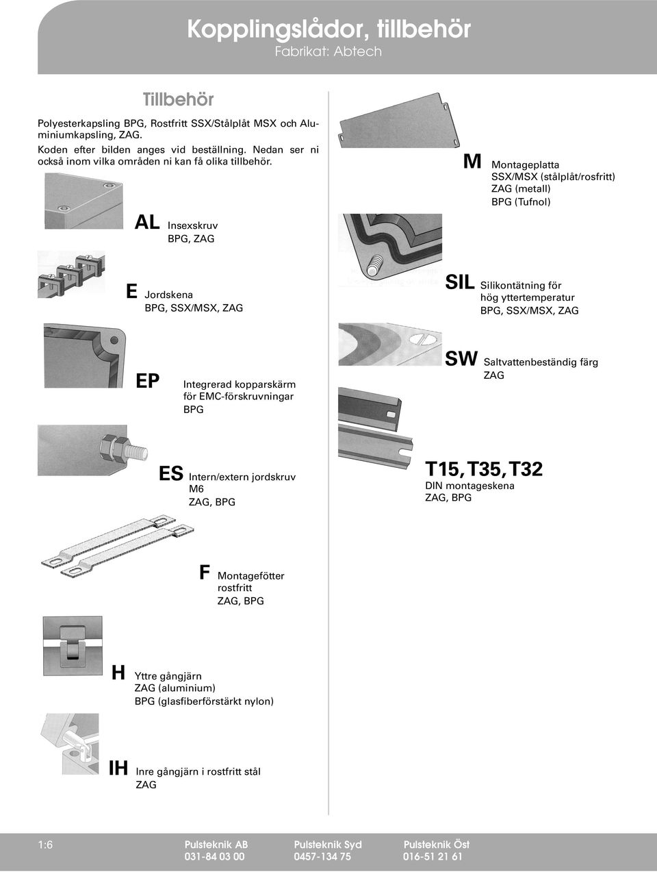 M Montageplatta SSX/MSX (stålplåt/rosfritt) ZAG (metall) BPG (Tufnol) AL Inseskruv BPG, ZAG E Jordskena BPG, SSX/MSX, ZAG SIL Silikontätning för hög yttertemperatur BPG, SSX/MSX, ZAG EP