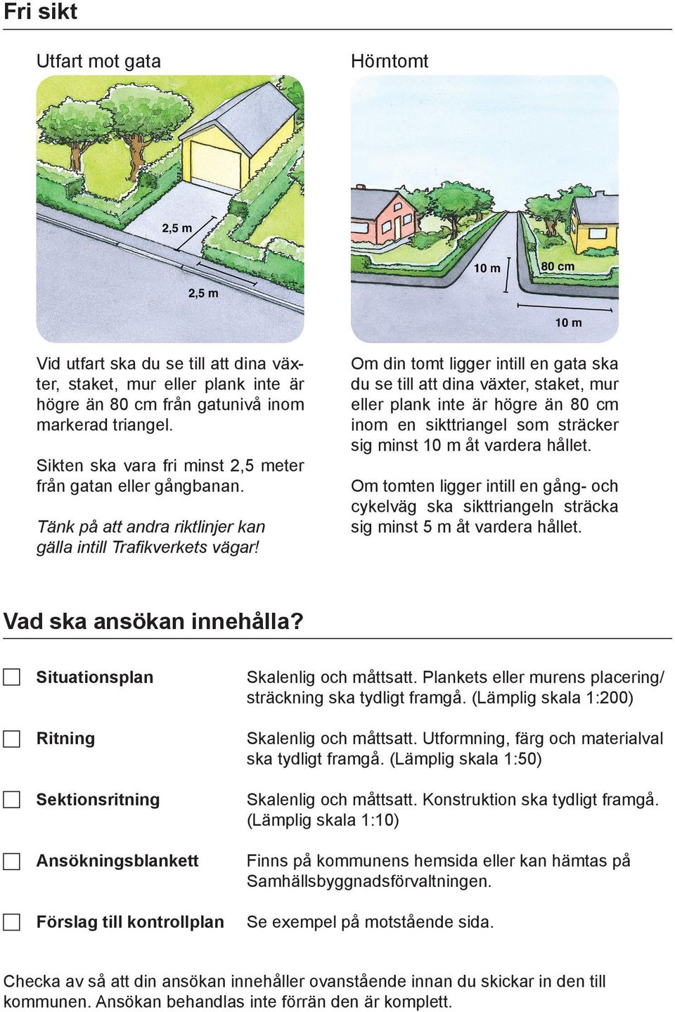 Sikten ska vara fri minst 2,5 meter från gatan eller gångbanan. Tänk på att andra riktlinjer kan gälla intill Trafikverkets vägar!